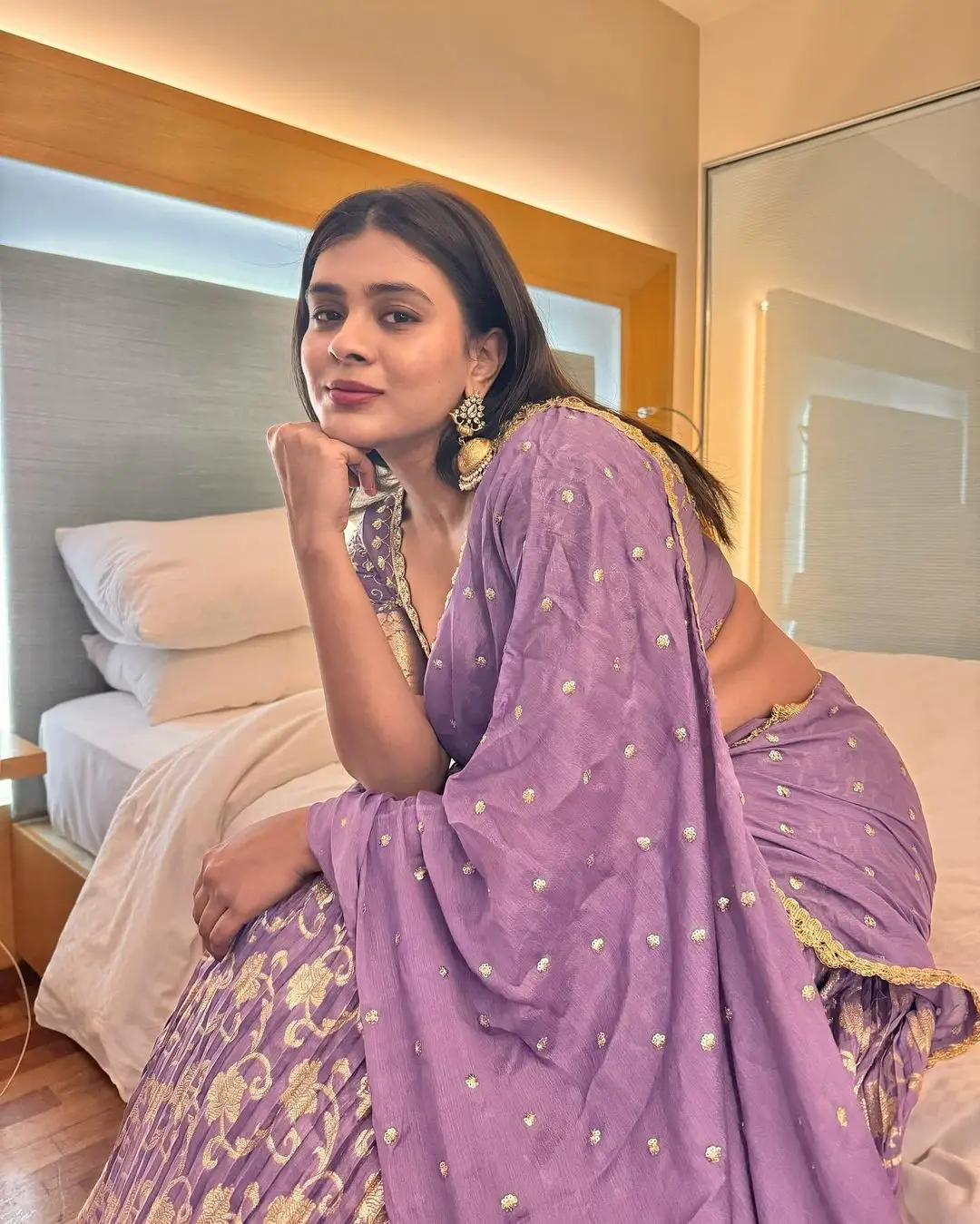 South Indian Actress Hebah Patel Stills in Violet Color Gown